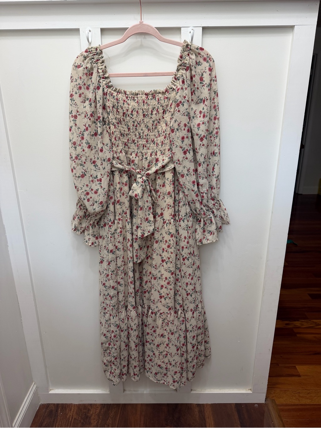 Floral Smocked Maxi Dress In Beige With Pink Roses